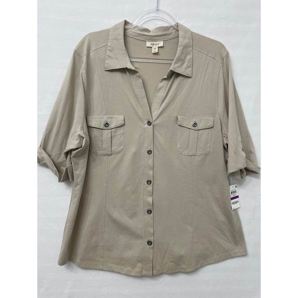 NWT Style & Co Button Down Size XXL Beige Cotton Roll Tab Sleeve Casual Stretch